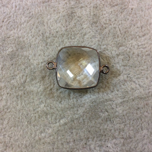 Gunmetal Plated Faceted Clear Hydro (Lab Created) Quartz Square Shaped Bezel Connector - Measuring 15mm x 15mm - Sold Individually