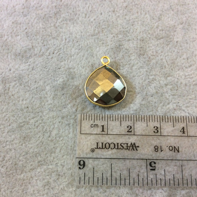 Gold Finish Faceted Teardrop Shaped Pyrite (Fool's Gold) Bezel Pendant Component - Measuring 15mm x 15mm - Natural Semi-precious Gemstone