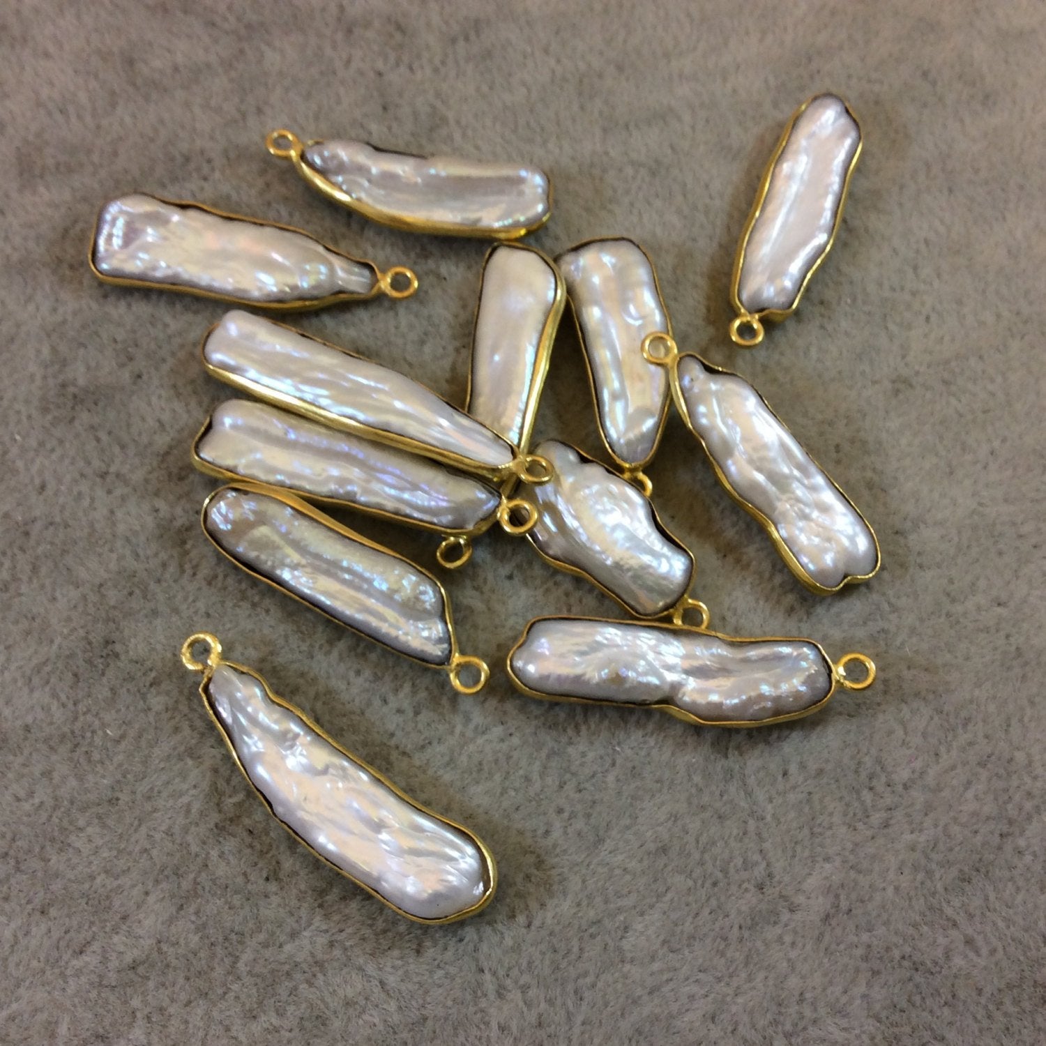 Gold Finish Iridescent White Biwa Pearl Freeform Bezel Pendant Component - Measuring 20-30mm Long, Shape Varies - Sold Individually, Random