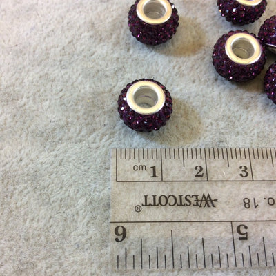 8mm x 12mm Dark Purple Rhinestone Inlaid Silver Metal Rondelle Beads - Sold in Packs of Six (6) - European Charm Bracelet Style Beads