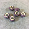 8mm x 12mm Lavender Rhinestone Inlaid Silver Metal Rondelle Beads - Sold in Packs of Six (6) - European Charm Bracelet Style Beads
