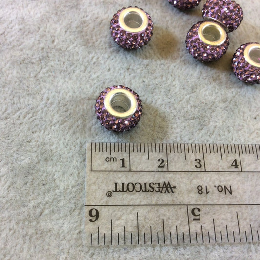 8mm x 12mm Lavender Rhinestone Inlaid Silver Metal Rondelle Beads - Sold in Packs of Six (6) - European Charm Bracelet Style Beads