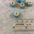 8mm x 12mm Aqua Blue Rhinestone Inlaid Silver Metal Rondelle Beads - Sold in Packs of Six (6) - European Charm Bracelet Style Beads