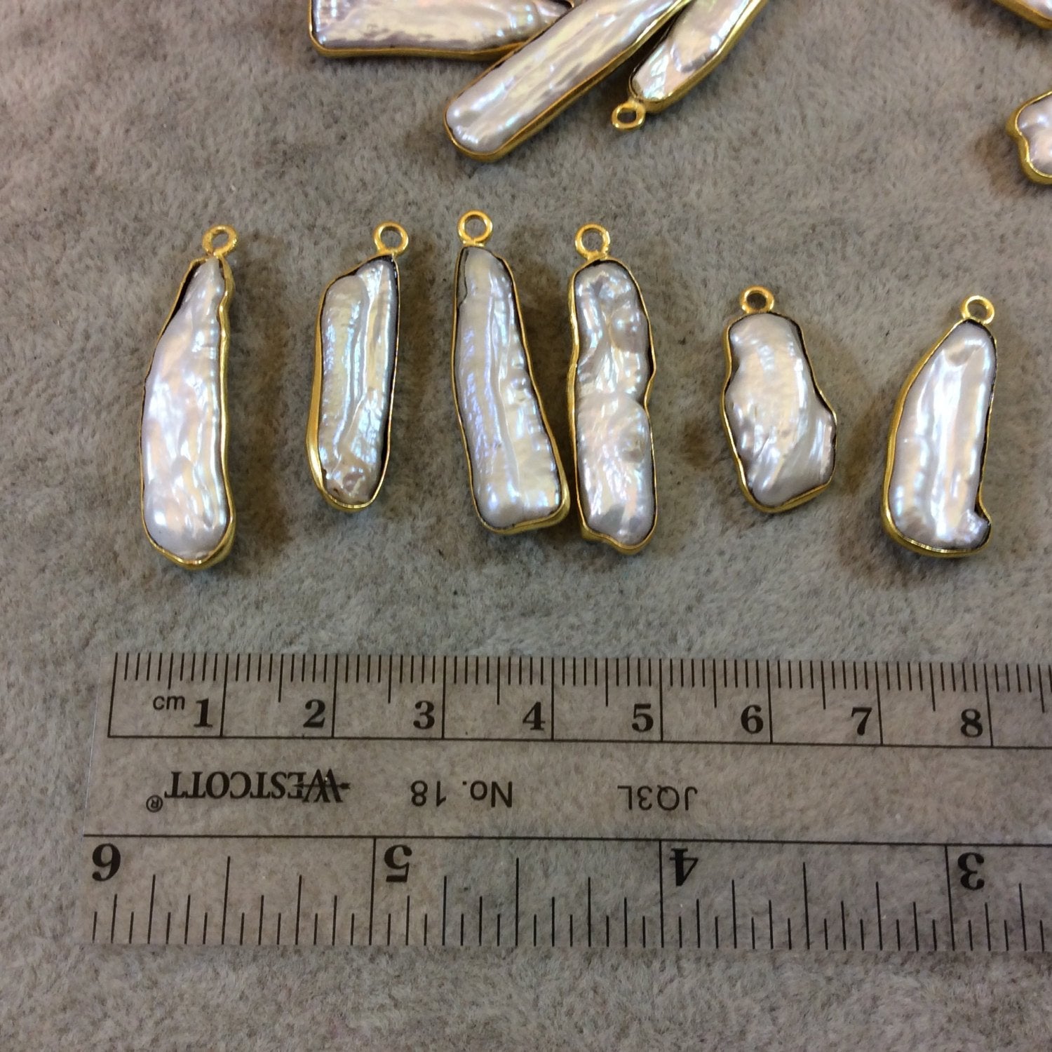 Gold Finish Iridescent White Biwa Pearl Freeform Bezel Pendant Component - Measuring 20-30mm Long, Shape Varies - Sold Individually, Random