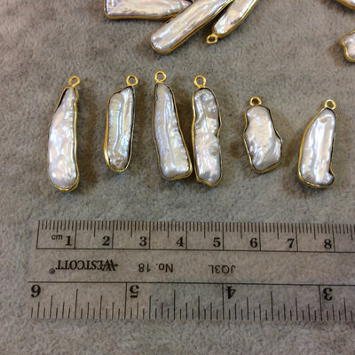 Gold Finish Iridescent White Biwa Pearl Freeform Bezel Pendant Component - Measuring 20-30mm Long, Shape Varies - Sold Individually, Random