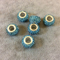 8mm x 12mm Aqua Blue Rhinestone Inlaid Silver Metal Rondelle Beads - Sold in Packs of Six (6) - European Charm Bracelet Style Beads