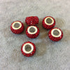 8mm x 12mm Bright Red Rhinestone Inlaid Silver Metal Rondelle Beads - Sold in Packs of Six (6) - European Charm Bracelet Style Beads