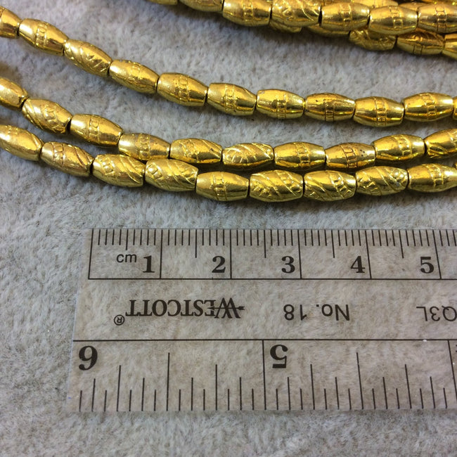 Gold Finish Line Wrapped Pattern Tube Shaped Plated Pewter Beads - 7-8" Strand (Approximately 25 Beads) - 4mm x 8mm - 1mm Hole Size