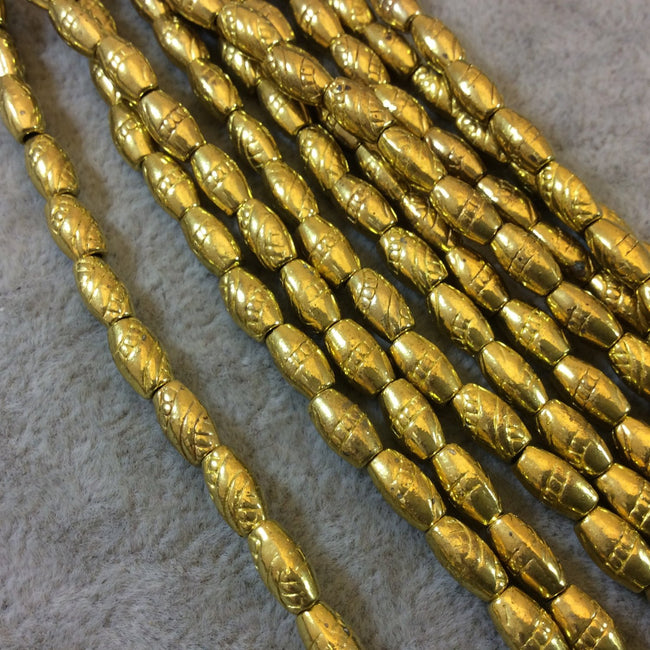 Gold Finish Line Wrapped Pattern Tube Shaped Plated Pewter Beads - 7-8" Strand (Approximately 25 Beads) - 4mm x 8mm - 1mm Hole Size
