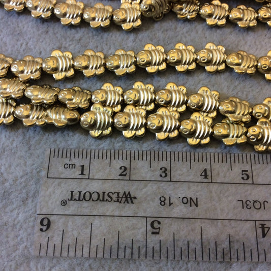 Gold Finish Happy Flat Bumble Bee Shaped Plated Pewter Beads (29493)- 7-8" Strand (Approx. 24 Beads) - Measuring 9mm x 8mm - 1mm Hole Size
