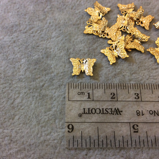 Gold Finish Detailed Butterfly Shaped Plated Copper Charm/Pendant with Ring - Measuring 11mm x 8mm, Approximately - Sold per Pack/12