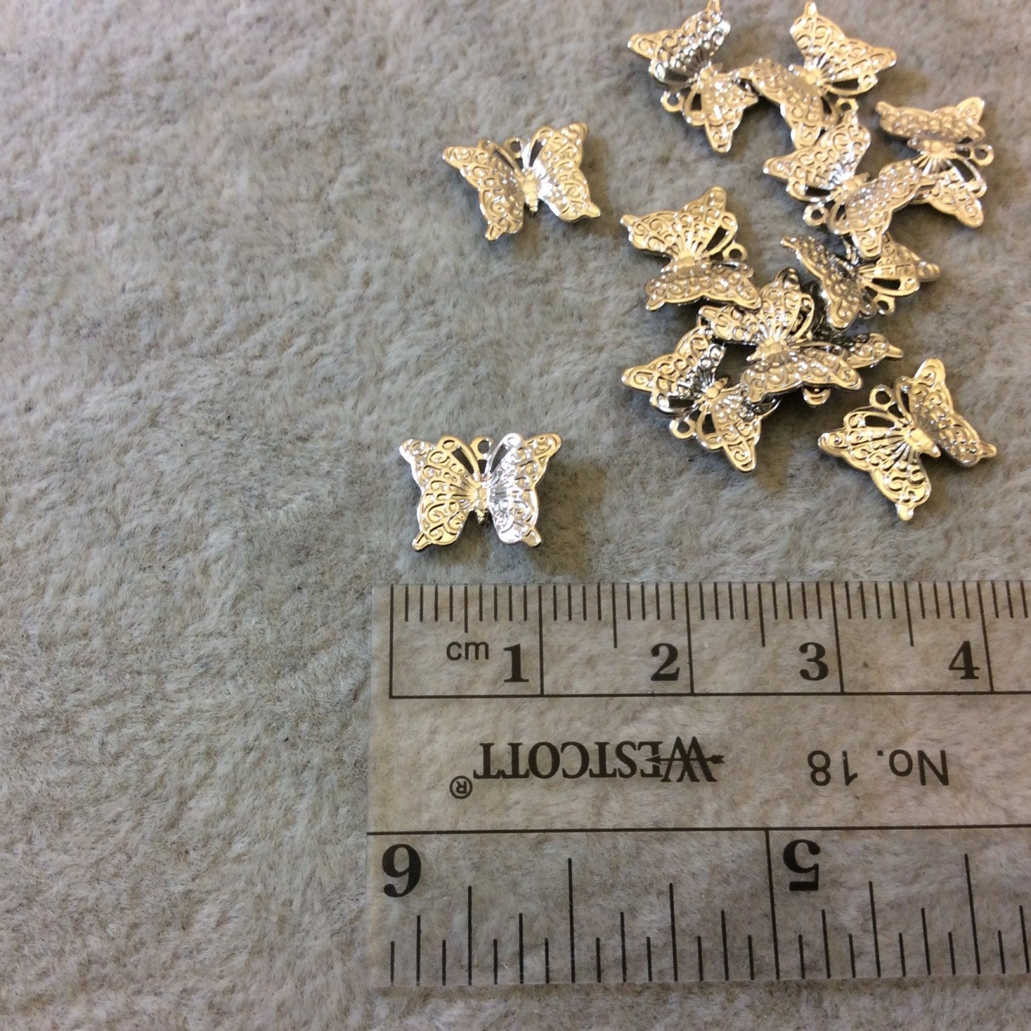 Silver Finish Detailed Butterfly Shaped Plated Copper Charm/Pendant with Ring - Measuring 11mm x 8mm, Approximately - Sold per Pack/12