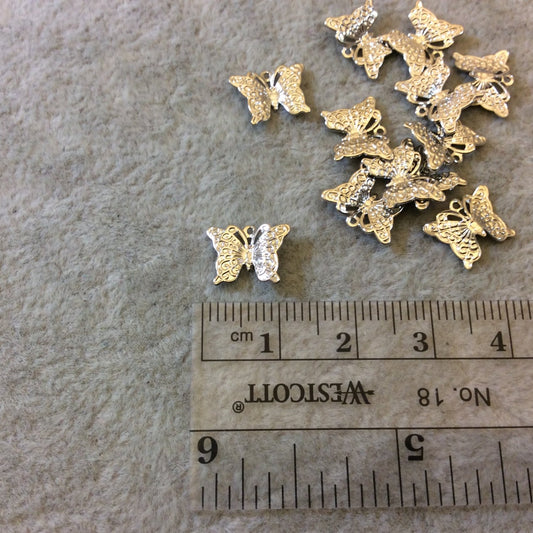 Silver Finish Detailed Butterfly Shaped Plated Copper Charm/Pendant with Ring - Measuring 11mm x 8mm, Approximately - Sold per Pack/12