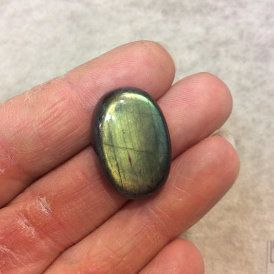 AAA Oval Shaped Iridescent Green Labradorite Flat Back Cabochon - Measuring 17mm x 25mm, 7mm Dome Height - Natural Gemstone Cab