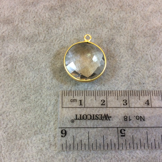 Gold Plated Faceted Clear Hydro (Lab Created) Quartz Round/Coin Shaped Bezel Pendant - Measuring 18mm x 18mm - Sold Individually