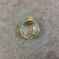 Gold Plated Faceted Clear Hydro (Lab Created) Quartz Round/Coin Shaped Bezel Pendant - Measuring 18mm x 18mm - Sold Individually