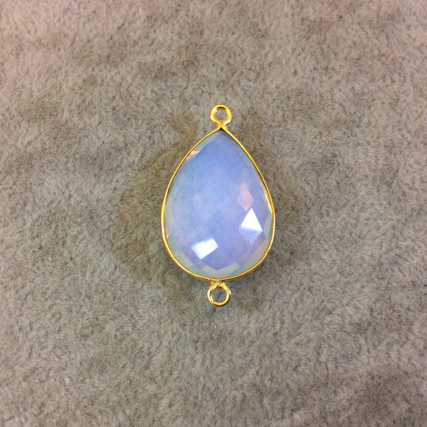 Gold Finish Faceted Opalite Tall Teardrop Shaped Bezel Two Ring Connector Component - Measuring 18mm x 25mm - Natural Semi-precious Gemstone