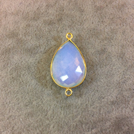 Gold Finish Faceted Opalite Tall Teardrop Shaped Bezel Two Ring Connector Component - Measuring 18mm x 25mm - Natural Semi-precious Gemstone