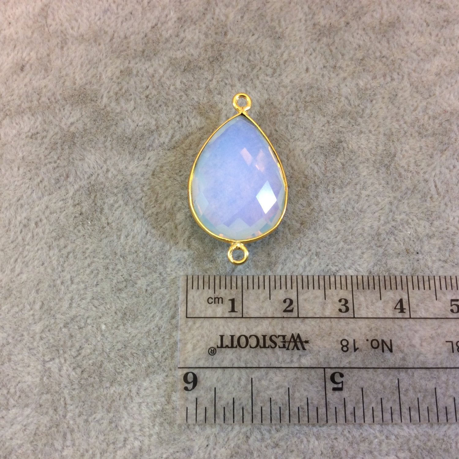 Gold Finish Faceted Opalite Tall Teardrop Shaped Bezel Two Ring Connector Component - Measuring 18mm x 25mm - Natural Semi-precious Gemstone