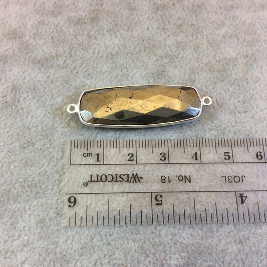 Silver Plated Natural Golden Pyrite Faceted Long Rectangle Shaped Copper Bezel Connector - Measures 13mm x 38mm - Sold Individually, Random