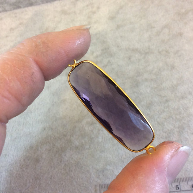 Long Gold Finish Faceted Purple Quartz Rectangle Shaped Bezel Connector Component - Measuring 13mm x 37mm - Natural Semi-precious Gemstone
