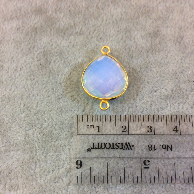 Gold Finish Faceted Opalite Fat Heart/Teardrop Shaped Bezel Two Ring Connector  - Measuring 18mm x 18mm - Natural Semi-precious Gemstone