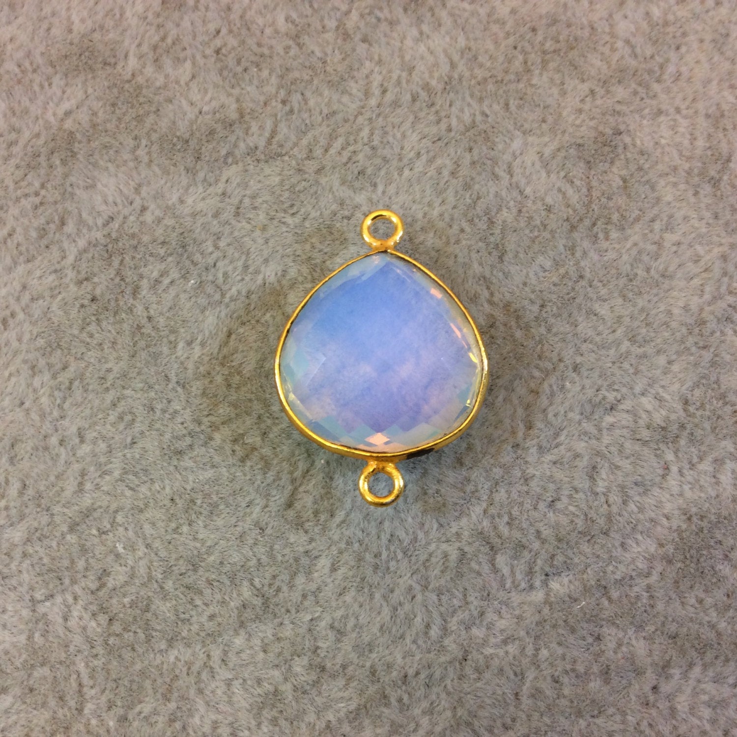 Gold Finish Faceted Opalite Fat Heart/Teardrop Shaped Bezel Two Ring Connector  - Measuring 18mm x 18mm - Natural Semi-precious Gemstone