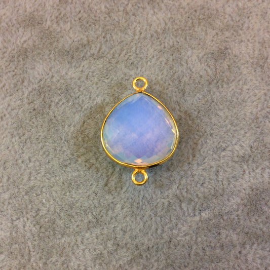 Gold Finish Faceted Opalite Fat Heart/Teardrop Shaped Bezel Two Ring Connector  - Measuring 18mm x 18mm - Natural Semi-precious Gemstone
