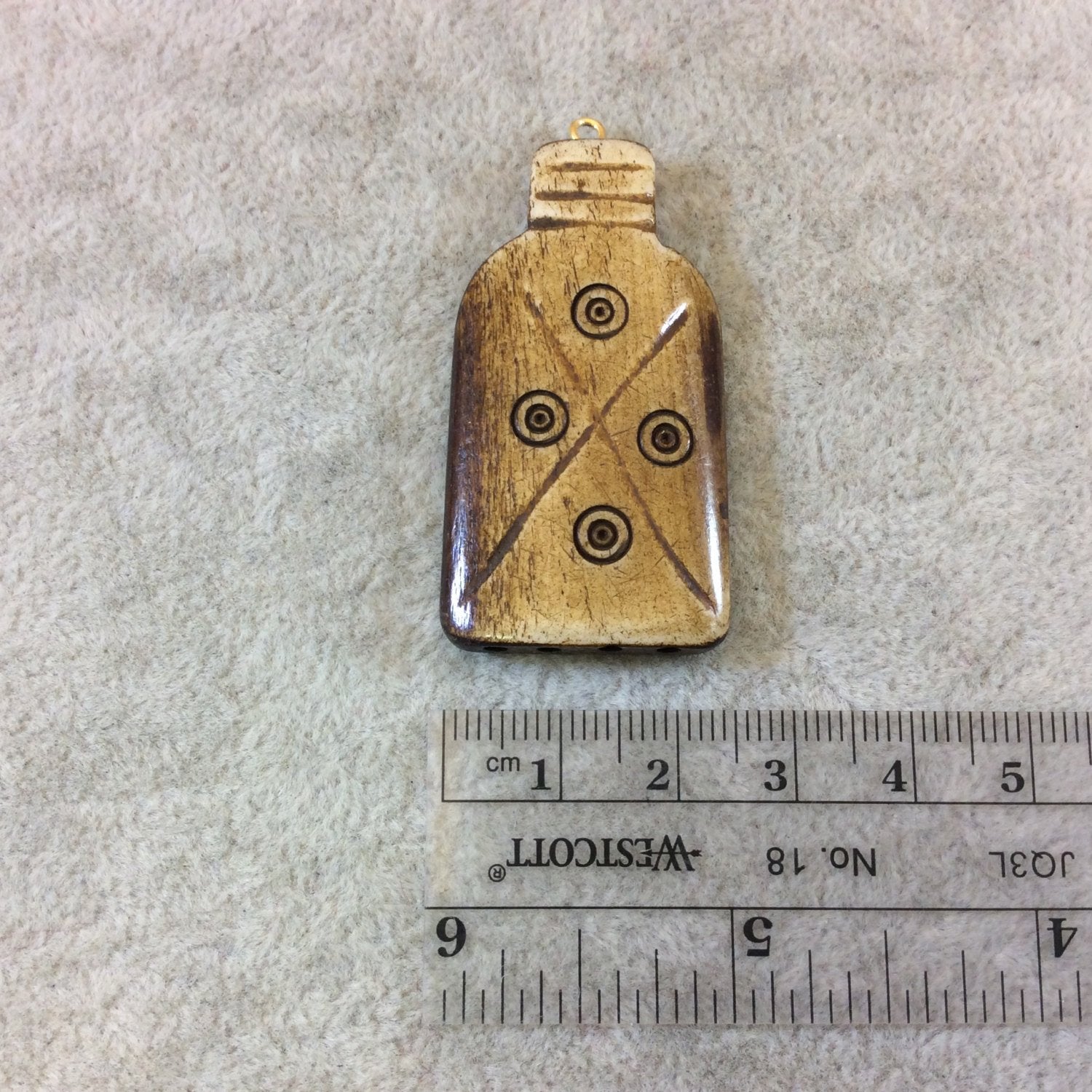 Medium Sized Bottle/Jar Shaped Natural/Brown Patterned Carved Bone Focal Pendant - Measuring 24mm x 45mm Approximately - Sold Individually