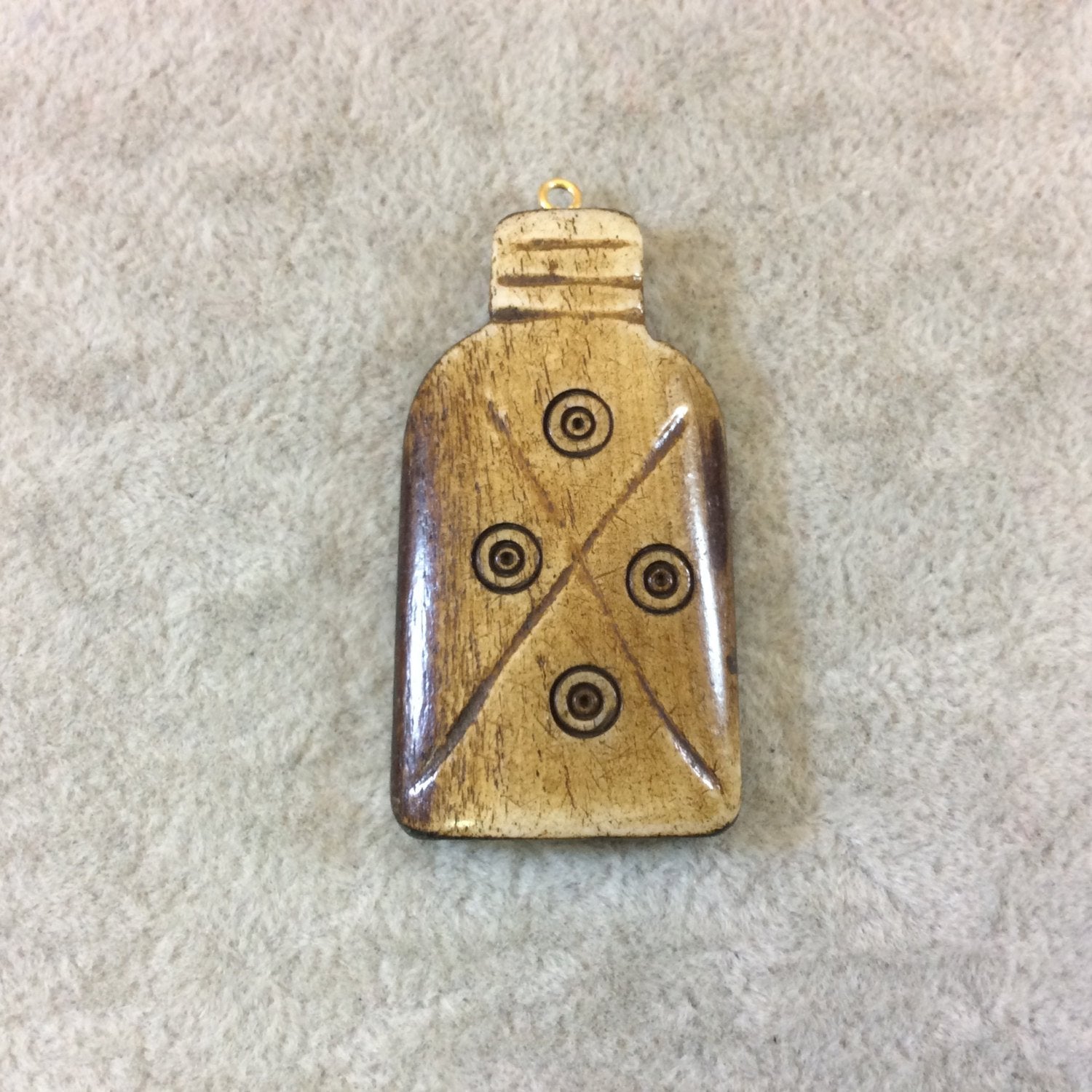 Medium Sized Bottle/Jar Shaped Natural/Brown Patterned Carved Bone Focal Pendant - Measuring 24mm x 45mm Approximately - Sold Individually