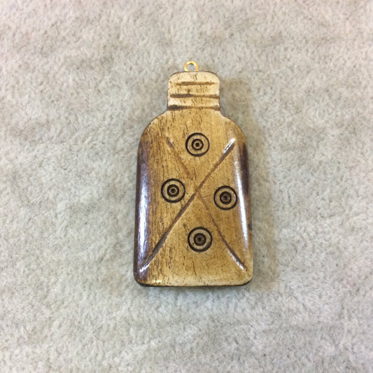 Medium Sized Bottle/Jar Shaped Natural/Brown Patterned Carved Bone Focal Pendant - Measuring 24mm x 45mm Approximately - Sold Individually