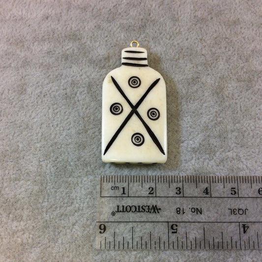 Medium Sized Bottle/Jar Shaped White/Ivory Patterned Carved Bone Focal Pendant - Measuring 24mm x 45mm Approximately - Sold Individually