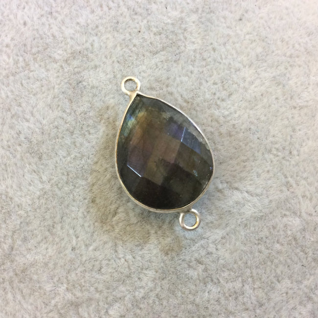 Silver Finish Faceted Labradorite Teardrop/Pear Shaped Bezel Connector Component - Measuring 17mm x 22mm - Natural Semi-precious Gemstone