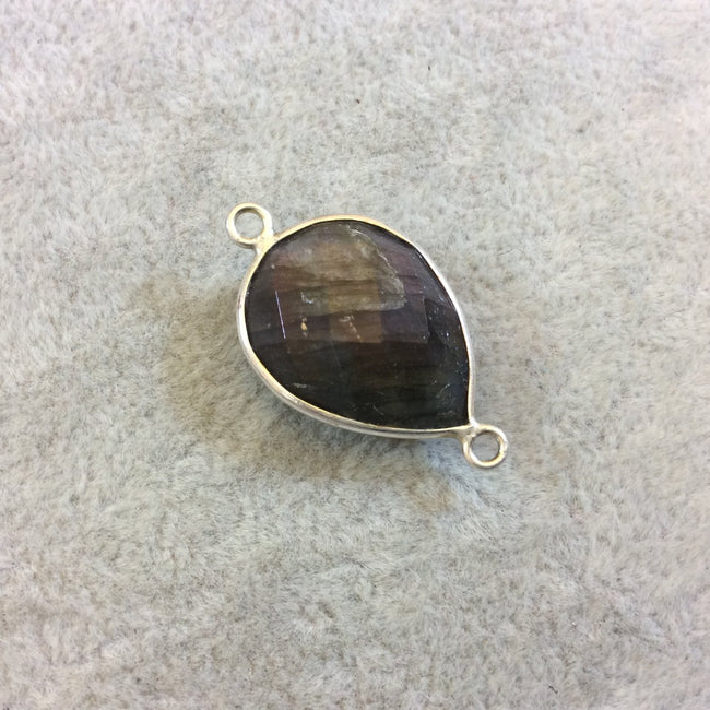 Silver Finish Faceted Labradorite Teardrop/Pear Shaped Bezel Connector Component - Measuring 17mm x 22mm - Natural Semi-precious Gemstone