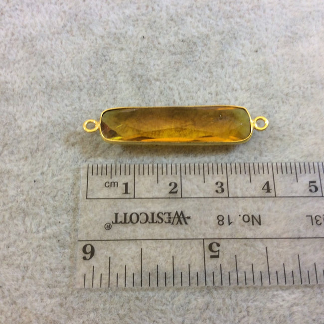 Gold Finish Faceted Golden Quartz Long Bar Shaped Bezel Two Ring Connector Component - Measuring 8mm x 32mm - Natural Semi-precious Gemstone