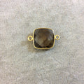 Gold Finish Faceted Smoky Quartz Square Shaped Bezel Two Ring Connector Component - Measuring 15mm x 15mm - Natural Gemstone Bezel