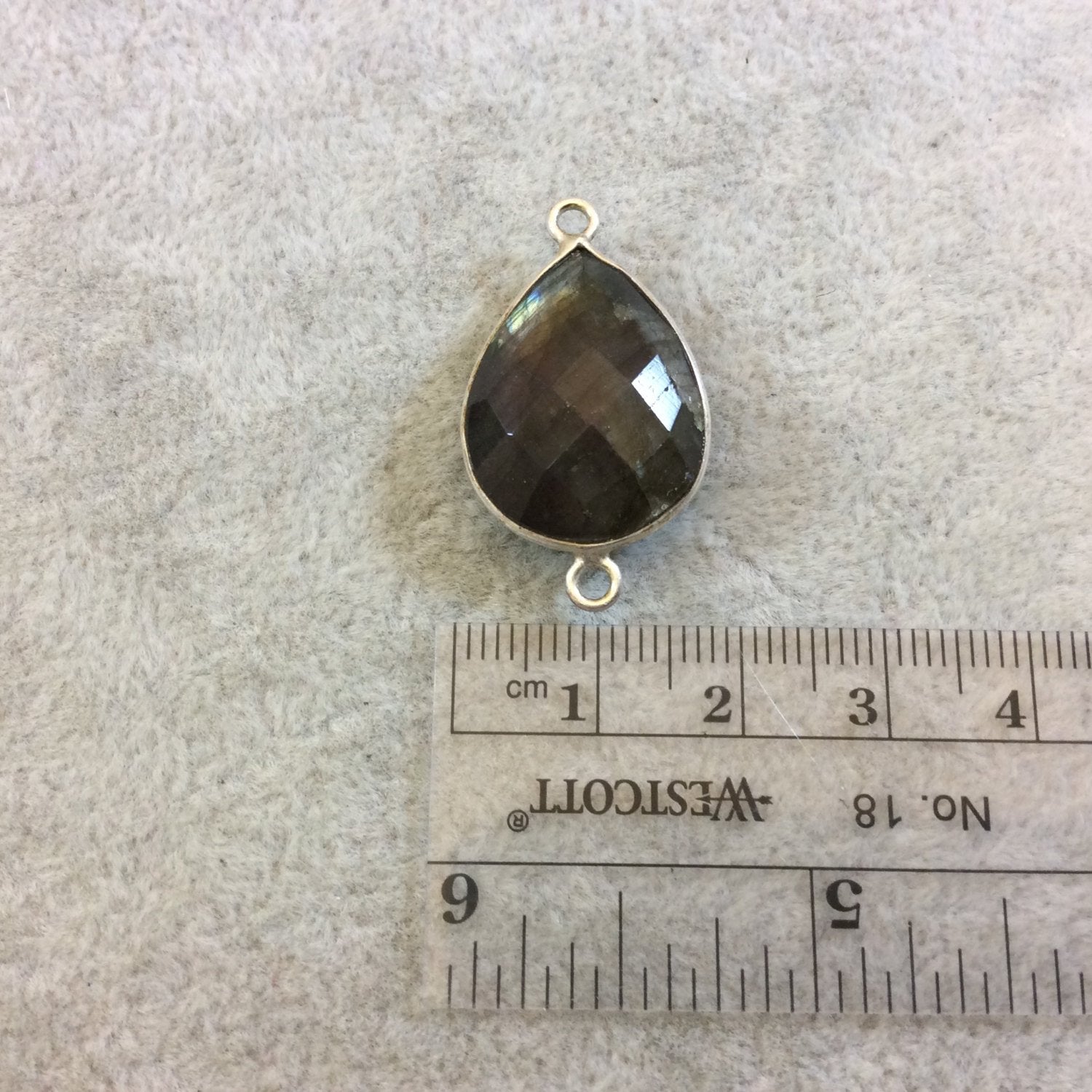 Silver Finish Faceted Labradorite Teardrop/Pear Shaped Bezel Connector Component - Measuring 17mm x 22mm - Natural Semi-precious Gemstone