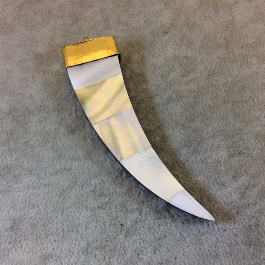 3.5" Iridescent White Flat Tusk/Claw Shaped Brown Wooden Pendant with Natural Abalone Shell Overlay - Measuring 22mm x 85mm - (TR056-WH)