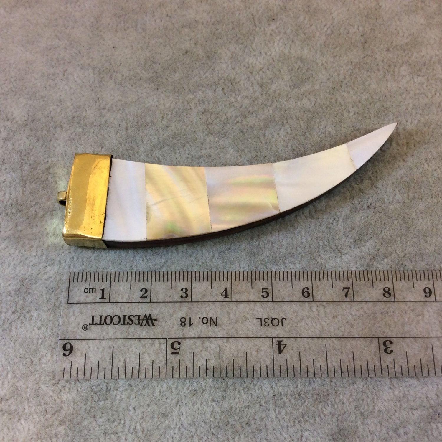 3.5" Iridescent White Flat Tusk/Claw Shaped Brown Wooden Pendant with Natural Abalone Shell Overlay - Measuring 22mm x 85mm - (TR056-WH)