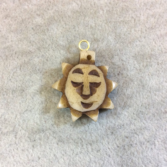 Small Sized Smiling Sunshine Shaped Natural/Brown Carved Bone Focal Pendant - Measuring 25mm x 27mm Approximately - Sold Individually(BL 16)