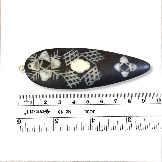 Inverted Teardrop Shaped Black Bone Pendant with Scratch Carved Floral Designs - Measuring 33mm x 93mm Approximately - Sold Individually