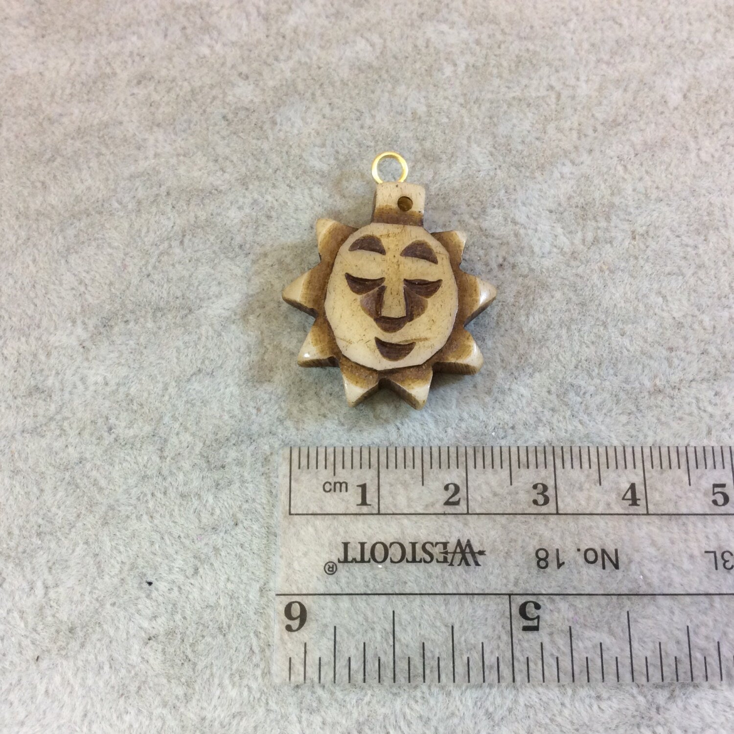 Small Sized Smiling Sunshine Shaped Natural/Brown Carved Bone Focal Pendant - Measuring 25mm x 27mm Approximately - Sold Individually(BL 16)