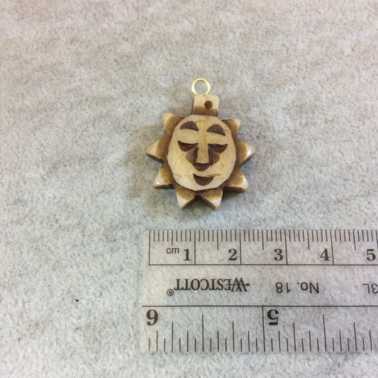 Small Sized Smiling Sunshine Shaped Natural/Brown Carved Bone Focal Pendant - Measuring 25mm x 27mm Approximately - Sold Individually(BL 16)