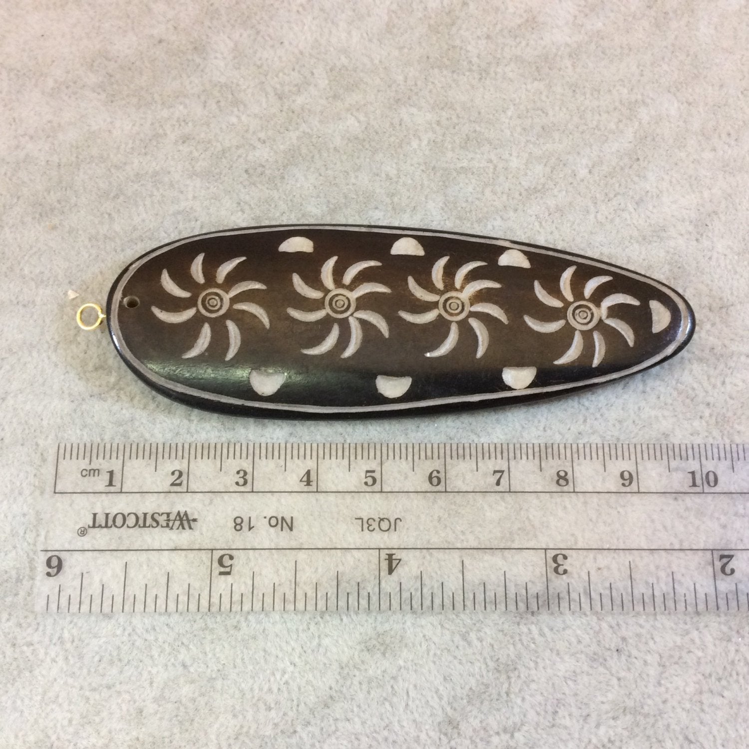 Inverted Teardrop Shaped Black Bone Pendant with Scratch Carved Spiral/Sun Designs - Measuring 33mm x 93mm Approximately - Sold Individually