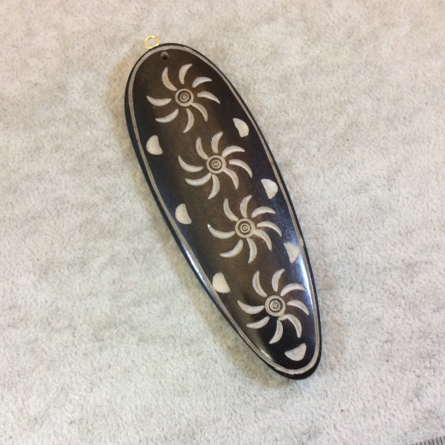 Inverted Teardrop Shaped Black Bone Pendant with Scratch Carved Spiral/Sun Designs - Measuring 33mm x 93mm Approximately - Sold Individually