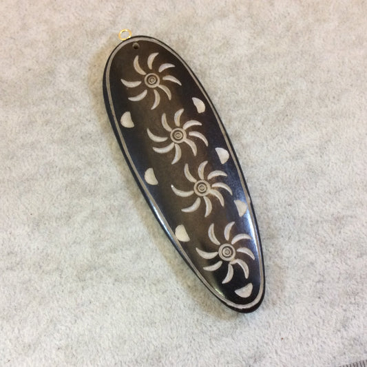 Inverted Teardrop Shaped Black Bone Pendant with Scratch Carved Spiral/Sun Designs - Measuring 33mm x 93mm Approximately - Sold Individually