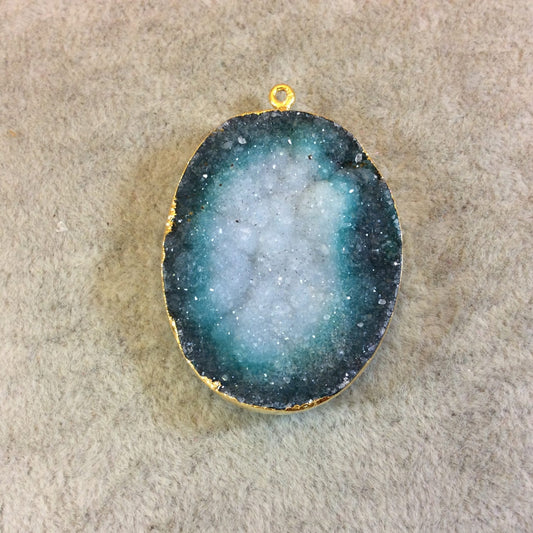 Premium Gold Plated Oval Shape Emerald Green/White Druzy Pendant - Measuring 31mm x 40mm Approx. - Electroformed Pendant - Sold Individually