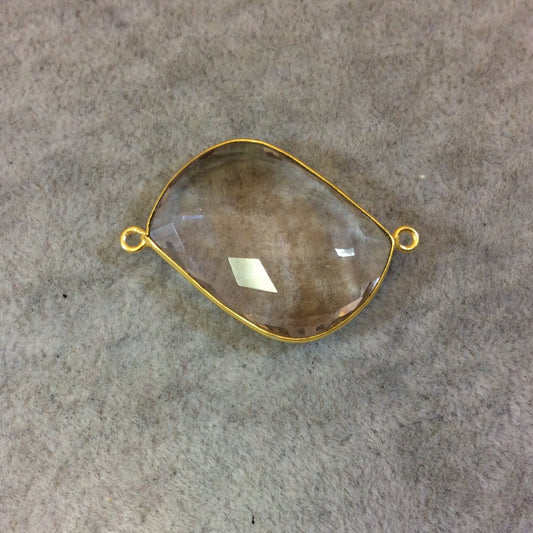 Gold Finish Faceted Clear Pale Pink/Gray Quartz Wavy Marquis Shaped Bezel Connector - Measuring 20mm x 32mm - Natural Semi-precious Gemstone