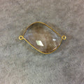 Gold Finish Faceted Clear Pale Pink/Gray Quartz Wavy Marquis Shaped Bezel Connector - Measuring 20mm x 32mm - Natural Semi-precious Gemstone