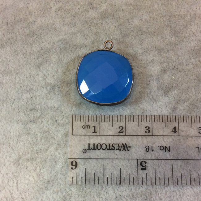 Gunmetal Finish Faceted Teal Blue Chalcedony Square Shaped Bezel Pendant Component - Measuring 20mm x 20mm - Natural Gemstone Bezel